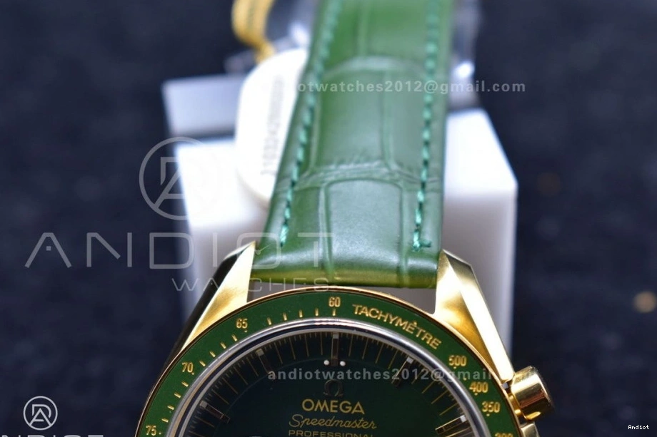 Gold Green Manual Speedmaster Green YG in Dial Chrono Strap Leather on RMF Moonshine Moonwatch Edition Best 0701